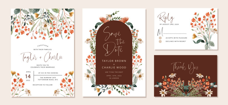 wedding invitation set with wildflower watercolor frame