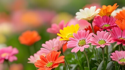 A vibrant display of colorful flowers, showcasing a variety of pink, orange, yellow, and white blooms in a lush garden setting.