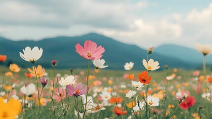 Obraz premium A vibrant field of blooming flowers in various colors, set against a backdrop of lush mountains and a clear sky.