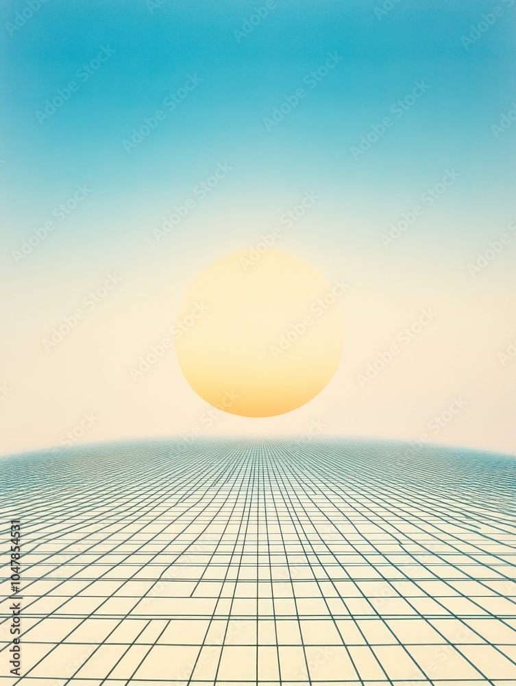 Poster abstract digital landscape with a large yellow sphere in the sky and a grid pattern on the ground.