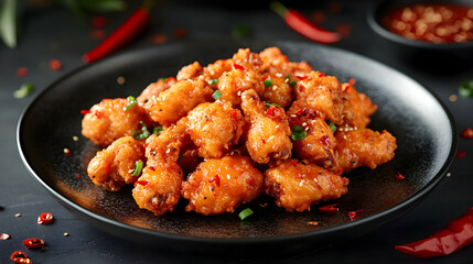 Fototapeta premium Neatly Arranged Spicy Fried Chicken Wings on a Dark Plate, Perfect for Culinary Displays and Food Photography