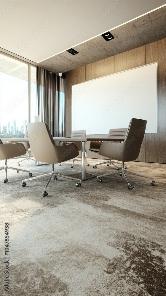 Canvas Prints Modern office meeting room with a large blank whiteboard, a wooden table, and beige chairs.