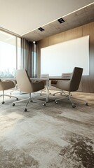 Fototapeta premium Modern office meeting room with a large blank whiteboard, a wooden table, and beige chairs.