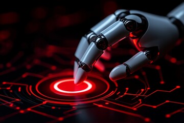 Obraz premium A digital 3D illustration of a robotic hand pressing a red button, symbolizing a critical moment of action