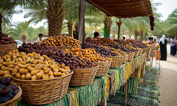 A vibrant market stall displaying various types of dates in woven baskets under palm trees.