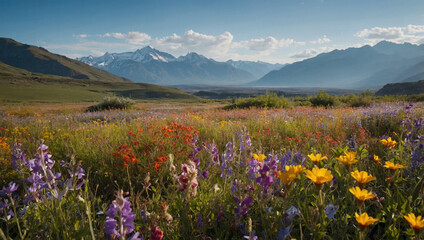 Obraz premium a colorful field of wildflowers, surrounded by mountains and clear skies. A gentle breeze stirs the flowers, creating a calm and peaceful atmosphere.