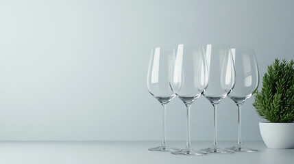 Fototapeta premium A clean and modern display of four elegant wine glasses paired with a small potted plant, set against a minimalist background.