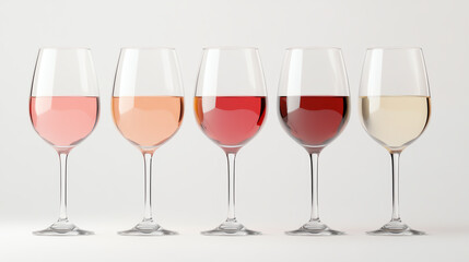A collection of elegant wine glasses filled with various shades of wine, showcasing a gradient from white to deep red against a clean, white background.