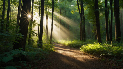 Obraz premium a path surrounded by tall trees and dense green leaves, with sunlight shining through the gaps in the leaves, creating beautiful light patterns on the ground.