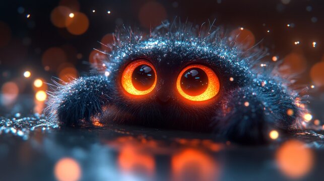 Adorable, fuzzy, cartoon spider with big, orange eyes. - Powered by Adobe