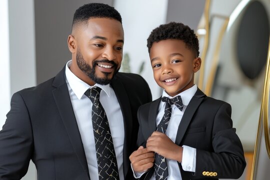 A father and son both adjusting their ties in front of a mirror, showing their shared sense of style