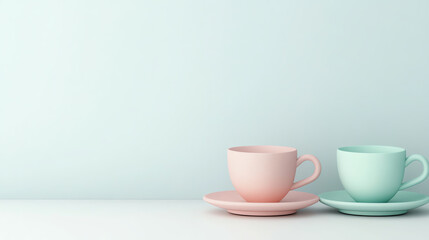 A serene display of pastel-colored cups and saucers on a minimalistic background, perfect for tea or coffee lovers seeking elegance.