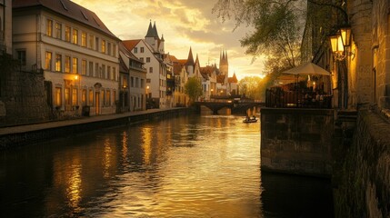 Obraz premium Serene Sunset Over Historic Canal Town