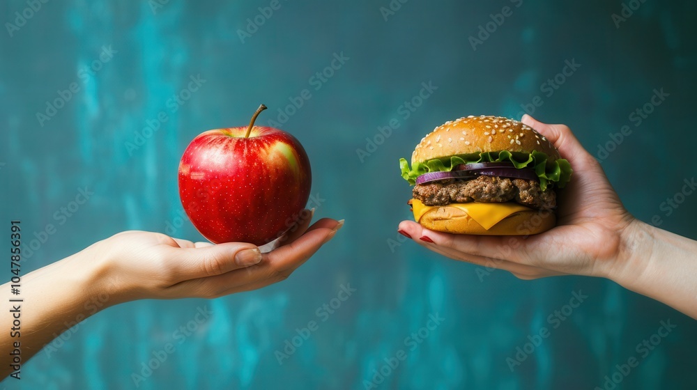 Poster one hand presents a fresh apple while the other holds a hamburger, showcasing the contrast between h