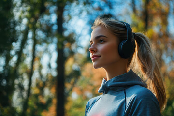 Fototapeta premium A young woman listens to music outdoors, enjoying nature and tranquility.