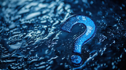 A blue question mark on a textured water surface, symbolizing inquiry and curiosity.