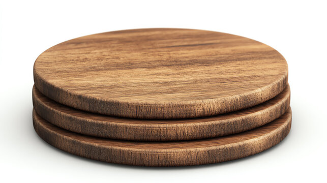 Set of three round wooden coasters stacked together on a white isolated background, perfect for protecting surfaces from beverage spills.