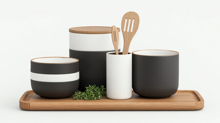 Stylish kitchenware set featuring black and white containers on a wooden tray with utensils and herbs, perfect for modern cooking aesthetics.