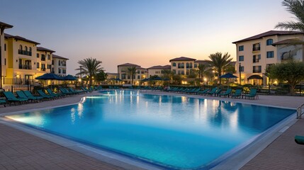 Fototapeta premium Serene Poolside at Twilight with Lively Surroundings