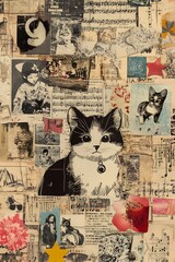 A Japanese vintage-style collage of various illustrations and elements, such as cats in a sketch kawaii style, musical notes, flowers, stars, and vintage manga elementsl.