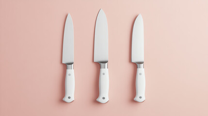 Three elegant kitchen knives with white handles displayed on a soft pink background, ideal for culinary presentations and kitchen-related visuals.