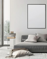 「モダンでミニマルなリビングルームのインテリアデザイン。グレーのソファと壁に飾られた白い額縁」