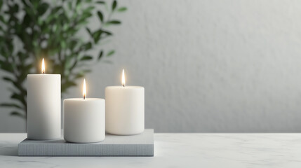 Three lit white candles on a gray surface with a green plant in the background, creating a calm and serene atmosphere, perfect for relaxation.