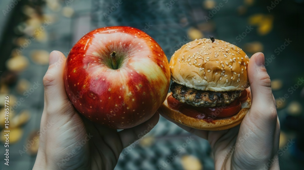 Poster Two contrasting food choices are being held; one hand presents a fresh apple while the other displays a hamburger laden with toppings. Generative AI