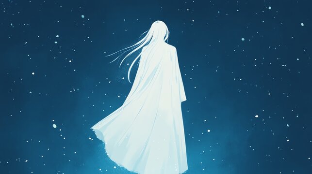 A serene figure in white gazes into a starry night, evoking a sense of mystery and tranquility in a dreamlike landscape.
