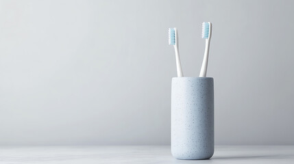 Obraz premium A minimalist bathroom scene featuring two toothbrushes in a sleek concrete holder against a light, neutral background.
