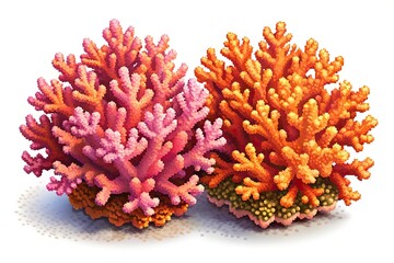 Symmetrical orange and pink corals isometric pixel art
