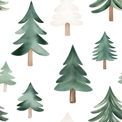 Obraz premium A whimsical pattern of stylized evergreen trees in varying shades set against a white background, ideal for festive designs and decorations.