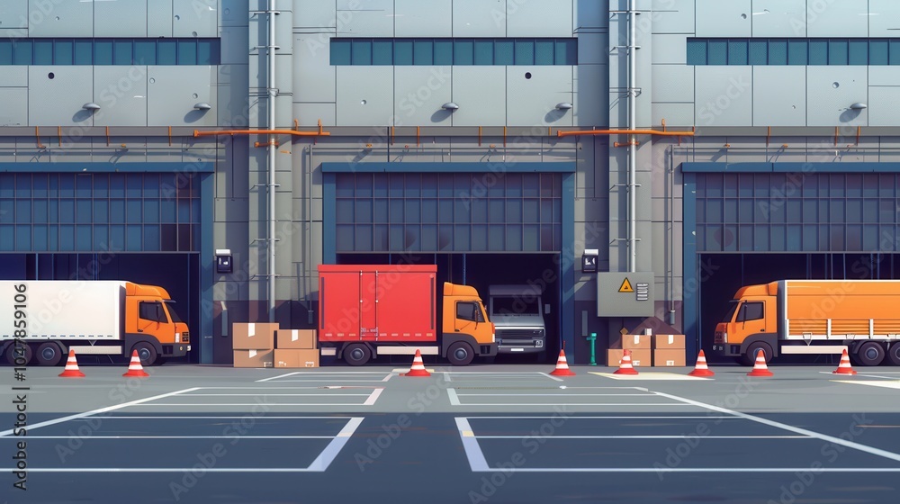 Poster Multiple trucks and vans are parked at a warehouse, ready to load goods for delivery, showcasing an efficient logistics operation. Generative AI