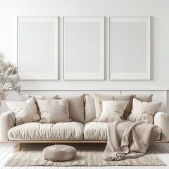 「ベージュのソファ、クッション、毛布、ラグ、花瓶、そして壁には3つの白紙の写真立てが飾られたミニマルなリビングルームインテリア。アート作品やデザインの展示に最適」