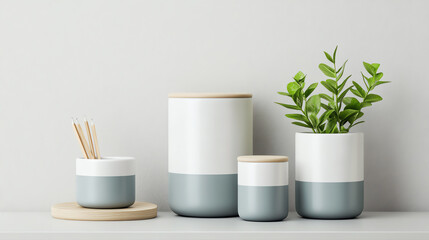 Stylish kitchenware featuring modern containers, chopsticks, and vibrant greenery displayed against a soothing, neutral background.