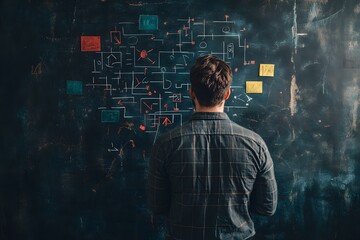 Student Thinking at Chalkboard with Complex Diagrams

