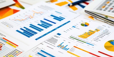 Obraz premium Close up of a desk with multiple sheets of paper filled with colorful graphs and charts.