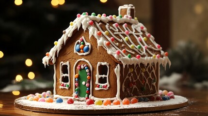 Charming gingerbread house with icing and candy decorations for Christmas festivities