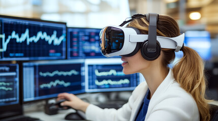 A woman wearing a virtual reality headset sits at a desk with multiple monitors displaying graphs. Concept involves virtual reality in data analysis. For business and technology visuals