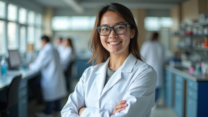 Fototapeta premium A young Woman in White Coat and Glasses Standing in Medical Science Laboratory Team of Specialists in the Background.