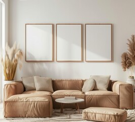 「快適なベージュのソファ、スタイリッシュなインテリア、3つの空白の額縁を備えたミニマルなリビングルームインテリア。この居心地の良いシーンにアートや写真を追加してください」