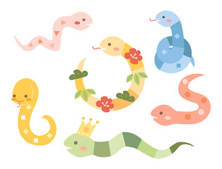 Obraz premium 巳年の年賀状などにも使えるカラフルで可愛い蛇のキャラクターのイラストのセット