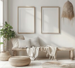 「ミニマルで開放的なリビングルームに、白い壁に2つの空白の額縁。木製ベンチ、クッション、籐のアクセサリー。アートやデザインの展示に最適」
