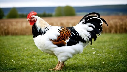 Fototapeta premium Charming Swedish Flower Hen, a rare breed known for its vibrant feather colors and gentle temperament. Perfect for backyard flocks and poultry enthusiasts.