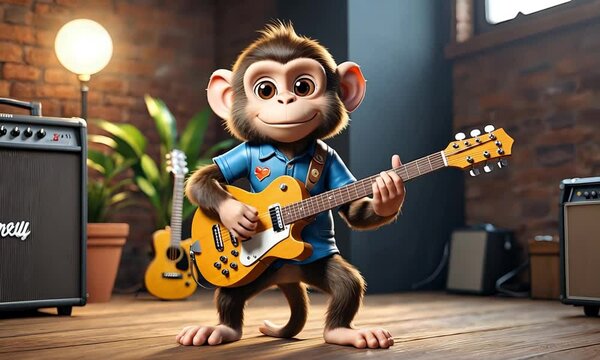 Adorable monkey playing electric guitar in a music studio with amplifiers