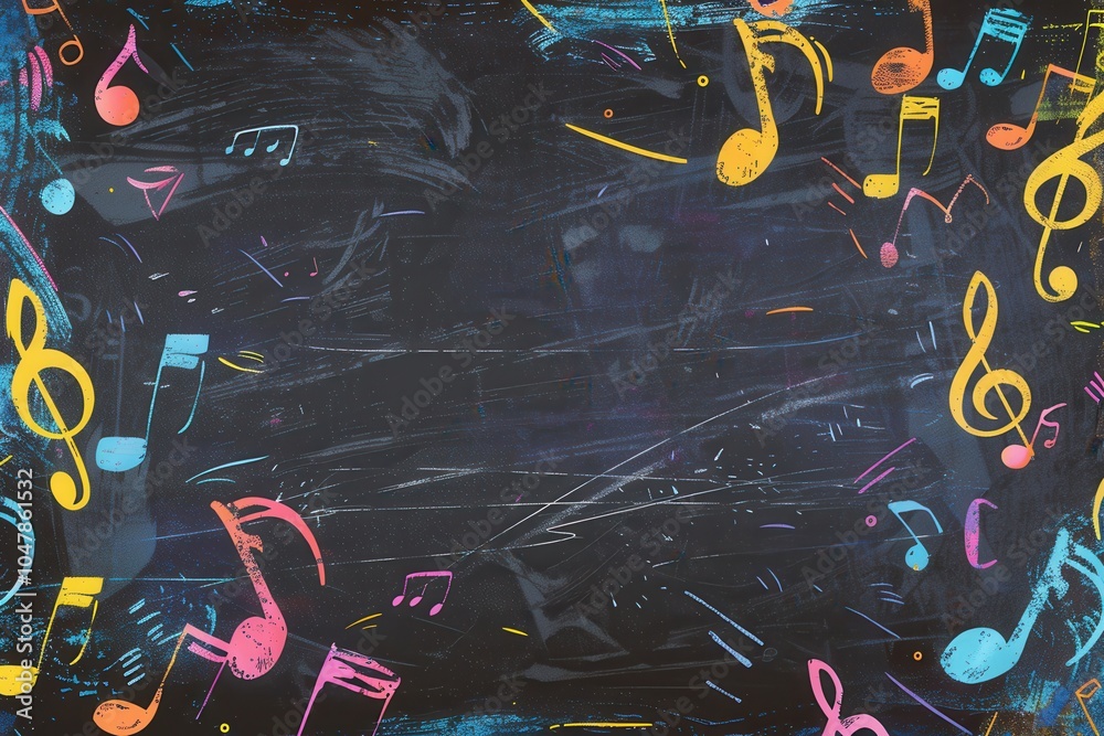 Poster a colorful chalkboard features bright brushstrokes intertwined with musical notes, celebrating creat