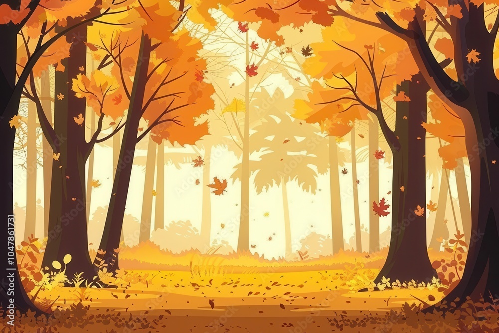 Poster The forest is alive with autumn colors as golden leaves flutter down, creating a soft carpet underfoot amid the tall trees. Generative AI