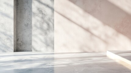 Sunlight streams into an empty room, casting shadows across a polished marble floor and a smooth, light-colored wall, creating a serene and minimalist atmosphere