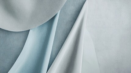 Smooth elegant pastel blue and grey fabric flowing over a textured concrete background, creating a luxurious and minimalist aesthetic perfect for fashion, design, or interior projects