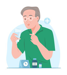 Senior Man Takes a Pill for Healthcare and Medical Concept Illustration